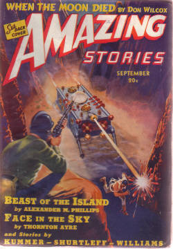 Image for Amazing Stories Science Fiction Pulp Magazine, Volume 13, # 9, September 1939 ( Beast of the Island; underground City; when the Moon Died; Face in the Sky; Rocket Race to Luna; The Fate Changer )