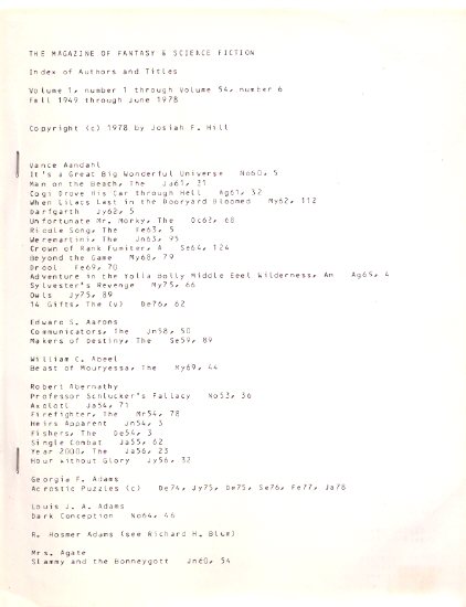 Image for Hill, Josiah F / Magazine of science fiction and Fantasy - INDEX of Authors and Titles, Volume 1, Number 1, Through Vol. 54 # 6 Fall 1949 to June 1978