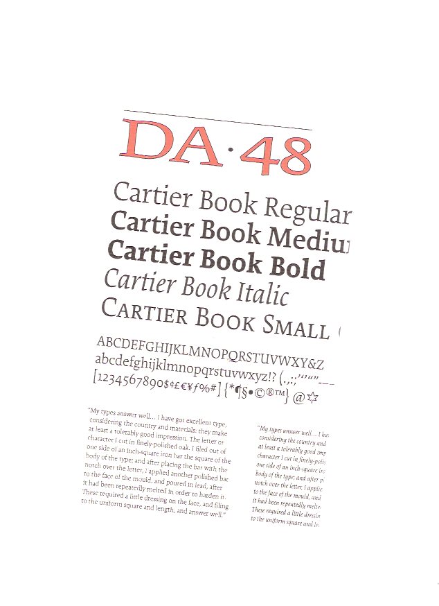 DA ( The Devil's Artisan ), A Journal of the Printing Arts, Issue 48, Spring / Summer 2001 - Cartier Book Regular - Medium - Bold - Italic - Small (includes Carl Dair ) Image for DA ( The Devil's Artisan ), A Journal of the Printing Arts, Issue 48, Spring / Summer 2001 - Cartier Book Regular - Medium - Bold - Italic - Small (includes Carl Dair )