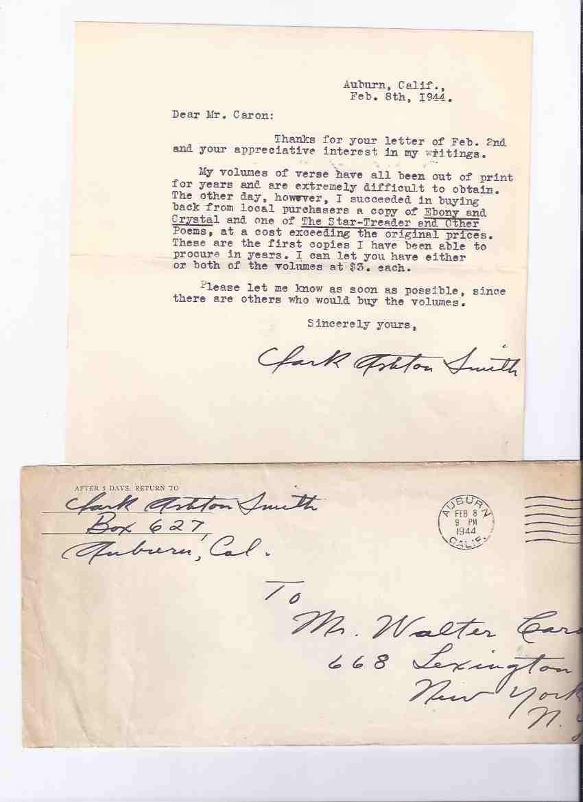 Image for Signed Typed Letter from Clark Ashton Smith, as Well as the Original Signed Mailing Envelope ( Two CAS Signatures )(author of Out of Space and Time; Spells and Philtres; The Abominations of Yondo; Tales of Science and Sorcery; etc)
