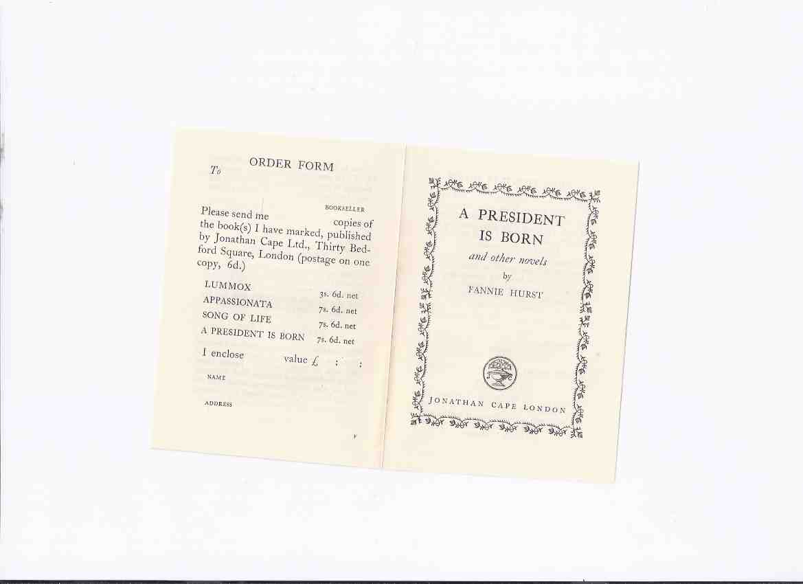 Image for Jonathan Cape Ephemera: Title List and Order Form Circa 1928 for Fannie Hurst Books, Including A President is Born / Lummox / Appassionata / Song of Life