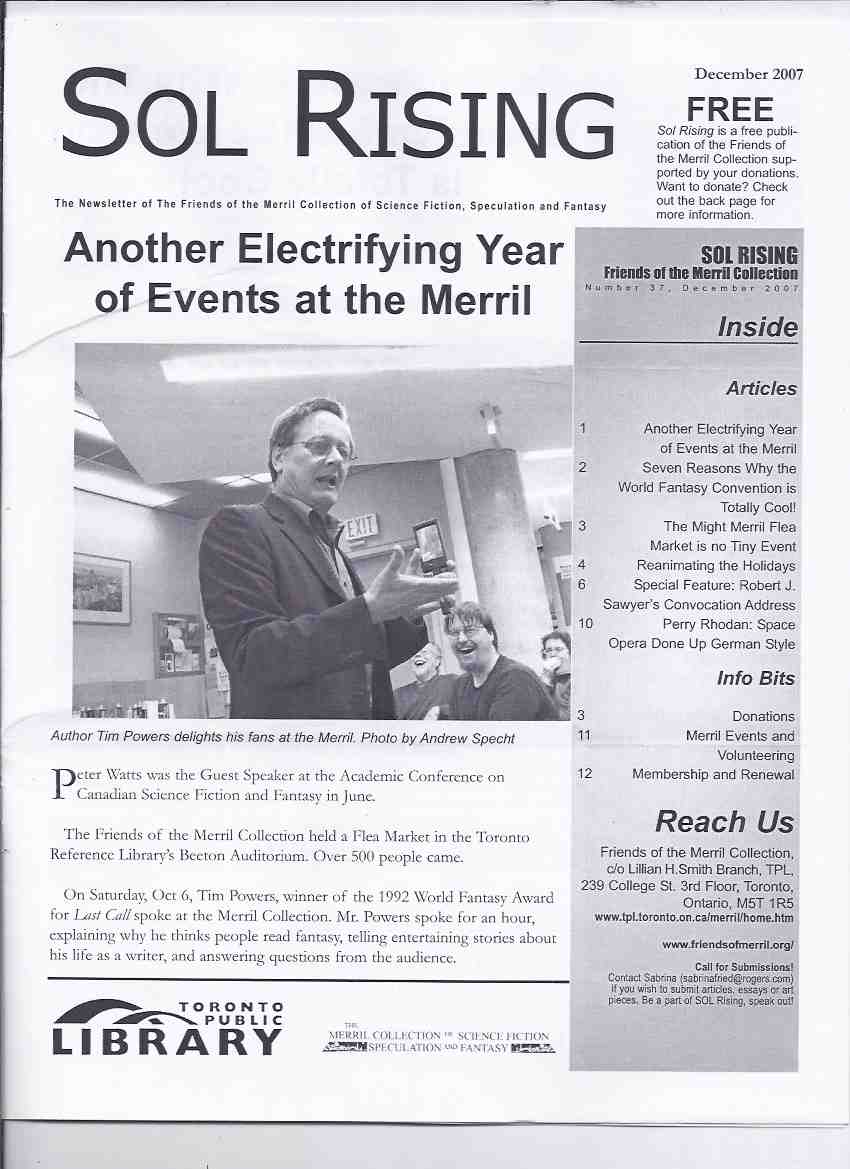 Image for Sol Rising: The Newsletter of the Merril Collection of Science Fiction (articles on H P Lovecraft Movies; Tim Powers; Robert J Sawyer Convocation Address in Sudbury, Ontario; Perry Rhodan; etc)