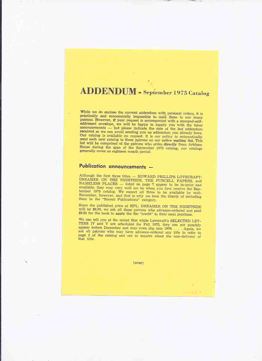 Image for ( MAYS # 66 ) ARKHAM HOUSE Ephemera:  Addendum September 1975 Catalog