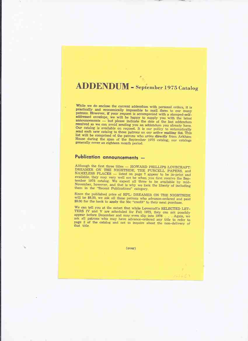 Image for ( MAYS # 66 ) ARKHAM HOUSE Ephemera: Addendum September 1975 Catalog
