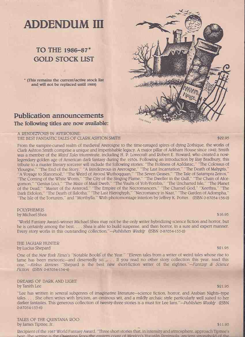 Image for ARKHAM HOUSE Ephemera: Addendum iii to the 1986-87 Gold Stock List (issued May 1988 )