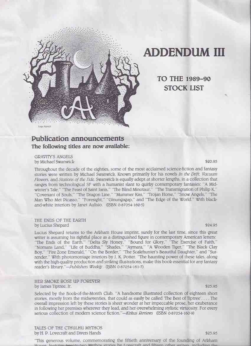 Image for ARKHAM HOUSE Ephemera: Addendum iii to the 1989-90 Stock List (issued June 1991 )