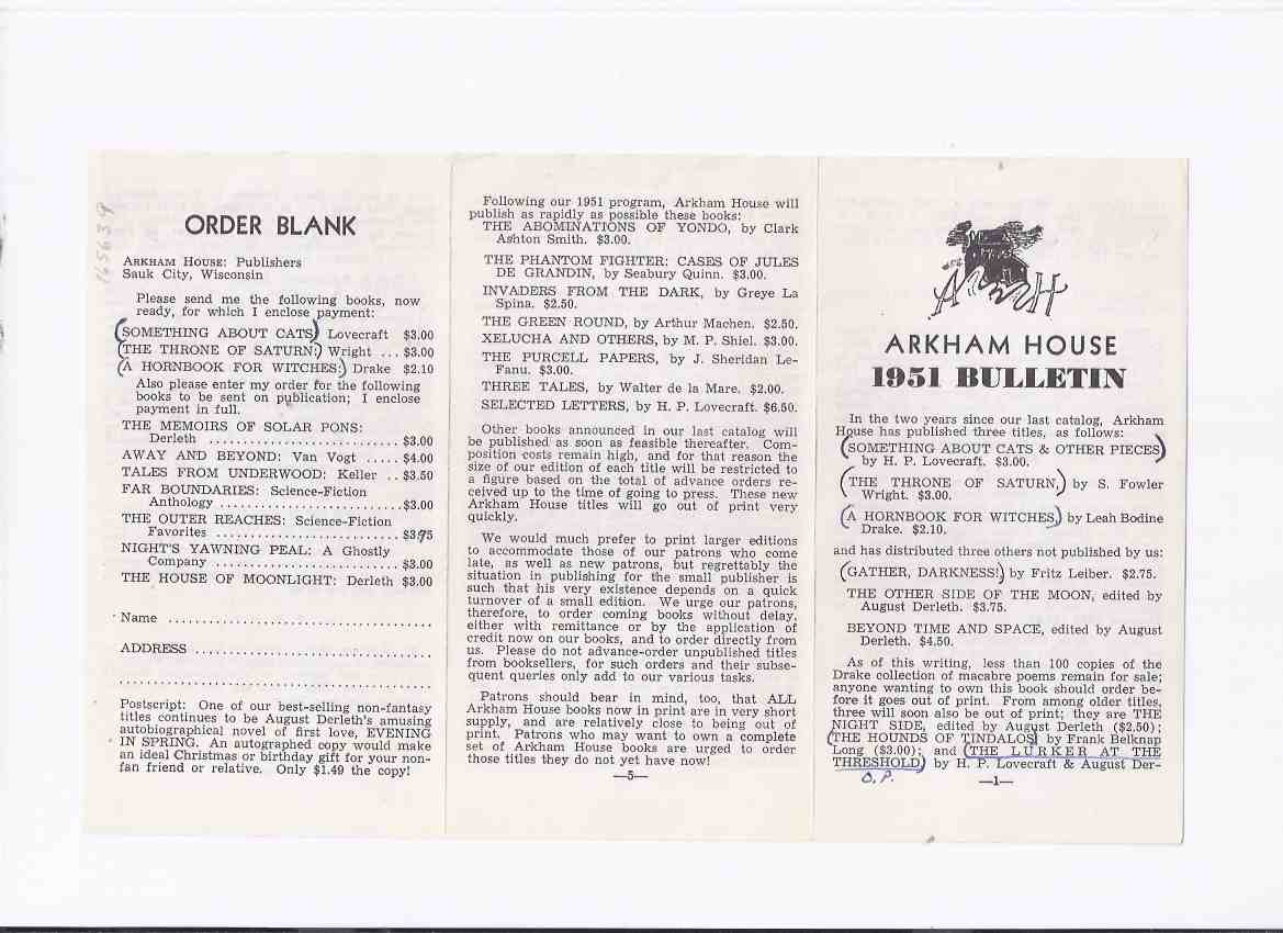 Image for ( MAYS # 23 / HERRON # 33 ) ARKHAM HOUSE Ephemera / Pamphlet / Brochure / Leaflet: 1951 Bulletin ( Books / Catalog / Catalogue )