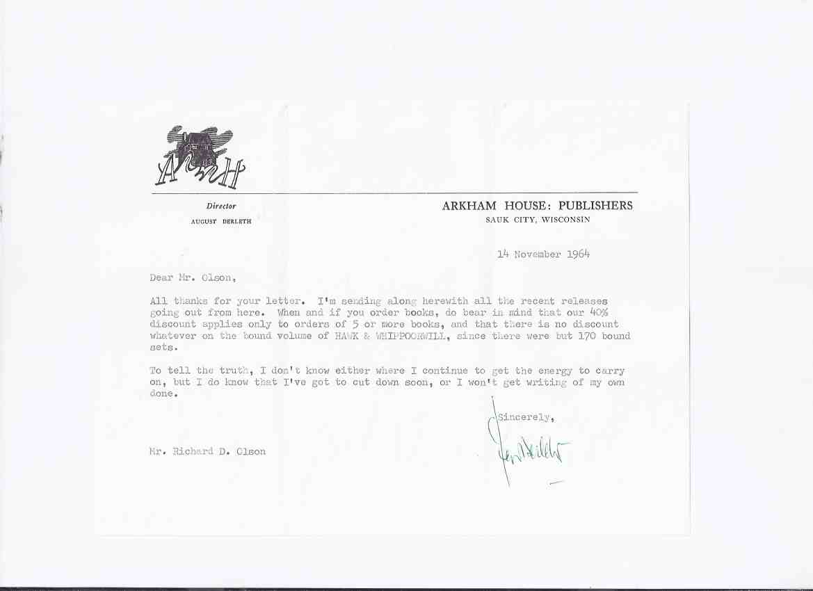 Image for ARKHAM HOUSE Ephemera: 1964 Signed Letter on AH Stationery