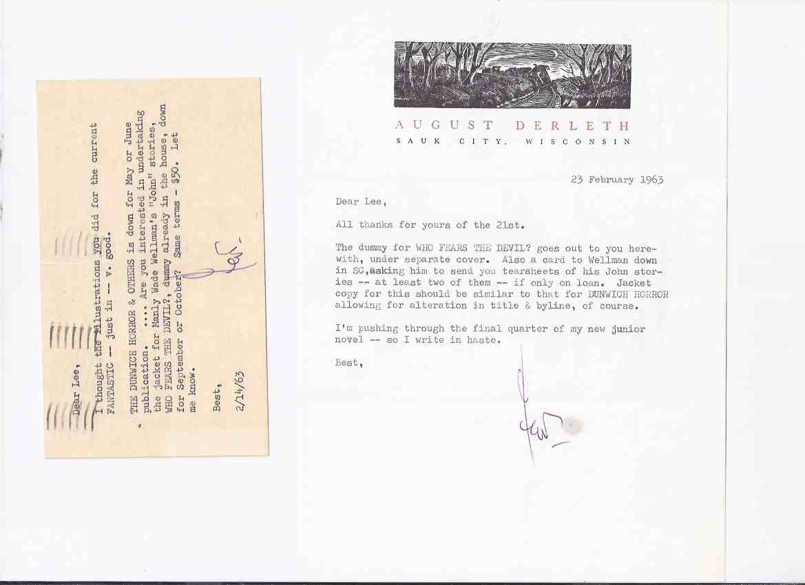 Image for ARKHAM HOUSE Ephemera: Archive of Letters from AH / August Derleth to Lee Brown Coye about the cover art for Who Fears the Devil by Manly wade Wellman ( 6 pieces all signed By AD )