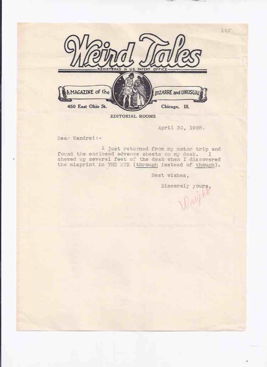 Image for SIGNED, Typed Letter from FARNSWORTH WRIGHT to DONALD WANDREI, on WEIRD TALES Stationery/Letterhead - 1928