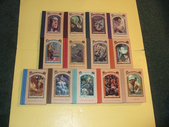 Image for 13 Volumes / Books: SERIES of UNFORTUNATE EVENTS Bad Beginning Reptile Room Wide Window Miserable Mill Austere Academy Ersatz Elevator Vile Village Hostile Hospital Carnivorous Carnival Slippery Slope Grim Grotto Penultimate Peril The End / Lemony Snicket