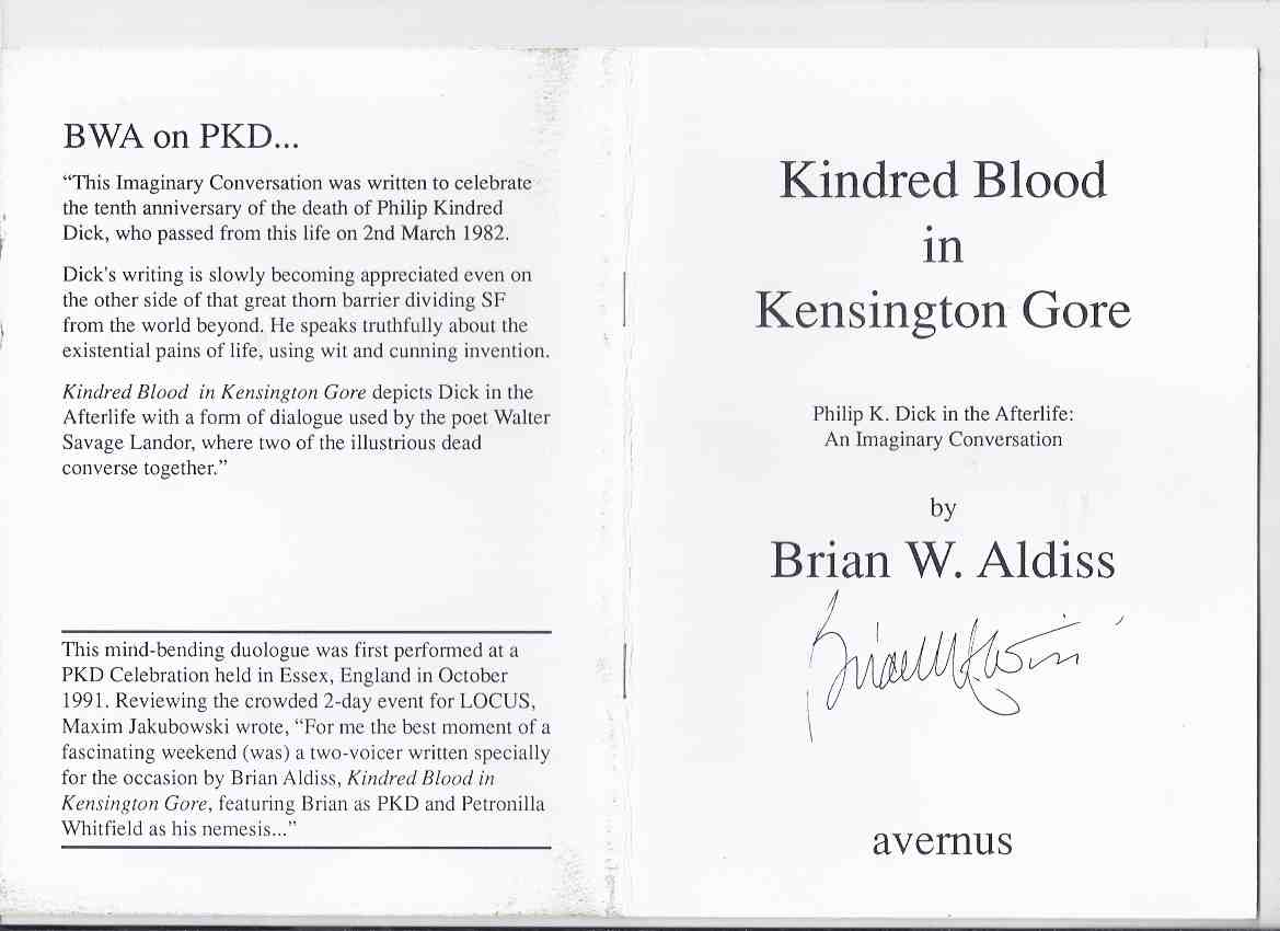 Image for Kindred Blood in Kensington Gore --- Philip K Dick in the Afterlife:  An imaginary Conversation ---by Brian W Aldiss ---a signed Copy