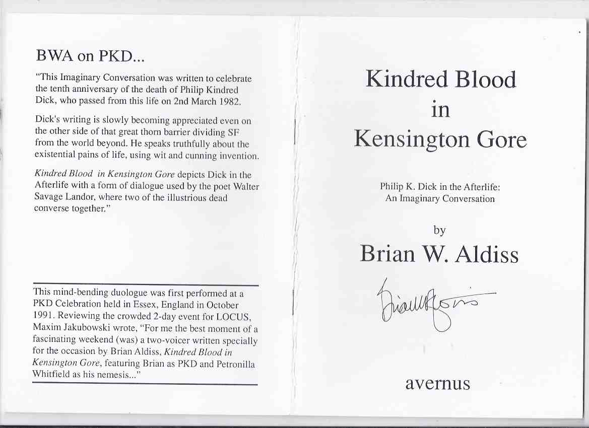 Image for Kindred Blood in Kensington Gore --- Philip K Dick in the Afterlife:  An imaginary Conversation ---by Brian W Aldiss ---a signed Copy