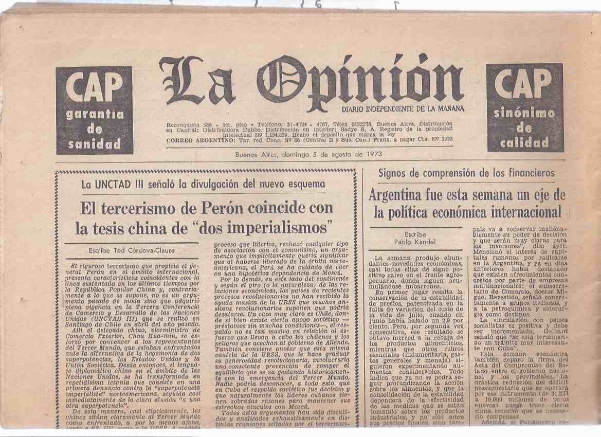 Image for La Opinion - Buenos Aires, Argentina Newspaper 5 August 1973 ( Howard Phillips Lovecraft Las Pesadillas De Los Hombres; La Vida De Un Alucinada / Genesis De Una Mistificacion by Derleth; Una Carta By HPL; Picture in the House / Terrible Old Man )