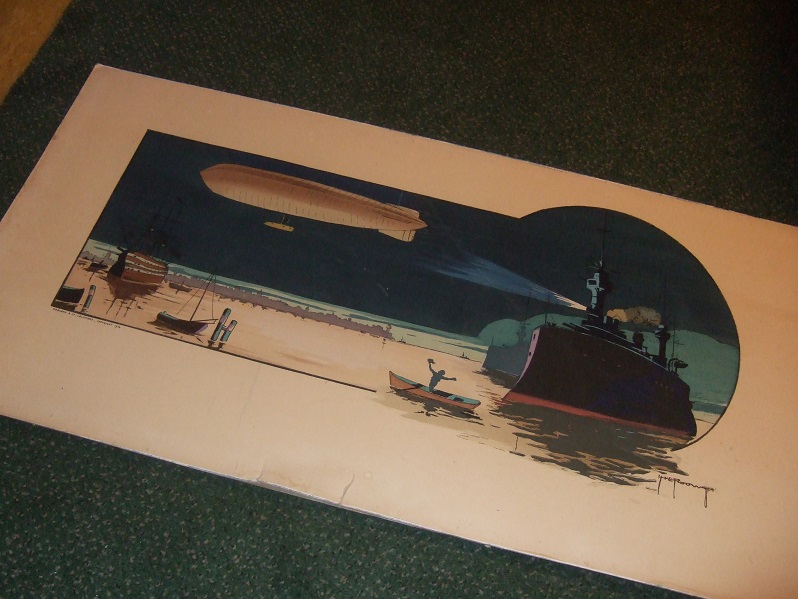 Image for Poster dated 1914 / The Old and the New -Night Scene with a silent, looming zeppelin being spotlighted by a hulking battleship with a 3-masted sailing ship in the distance, silhouetted town, small skiffs (rowboats / dirigible; WWI era )