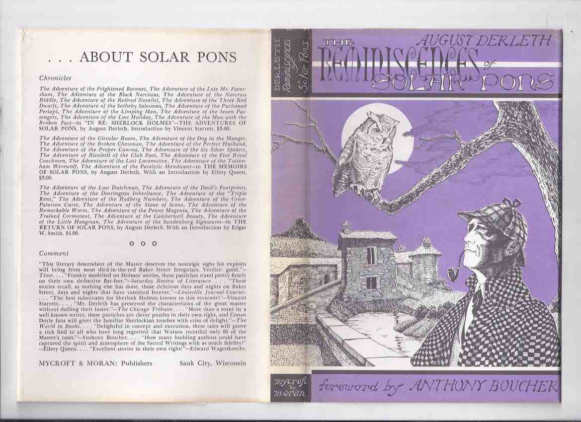 Image for The Reminiscences of Solar Pons -by August Derleth / Mycroft & Moran ( Arkham House ) ( Adventure of the, Mazarine Blue, Hats of M. Dulac, Mosaic Cylinders, Praed Street Irregulars, Cloverdale Kennels, Black Cardinal, Troubled Magistrate,etc )