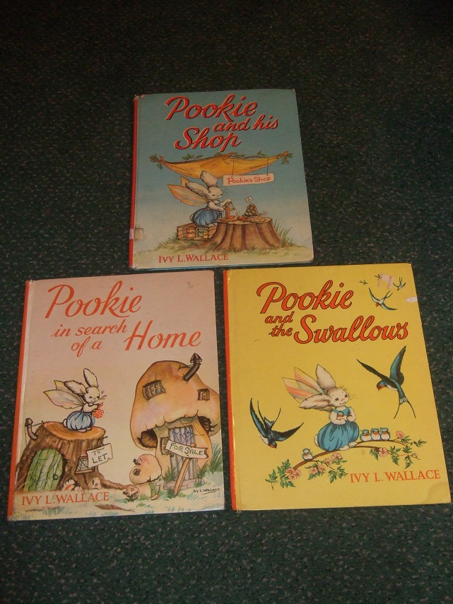 Image for THREE BOOKS:  Pookie and the Swallows; P in Search of a Home; P and His Shop -by Ivy L Wallace ( Volume 3, 6, 9  of the Adventures of Pookie the Flying Rabbit ))